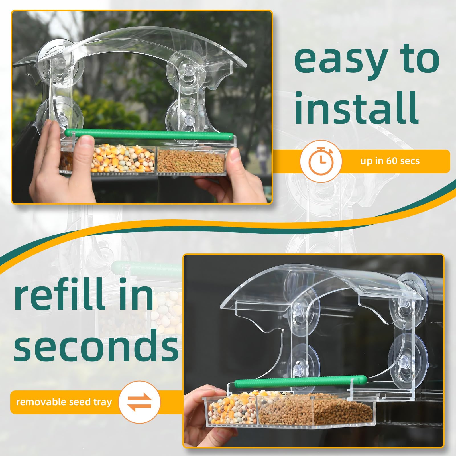 Hasuber window feeder keeps seed dry with patented air circulation system.