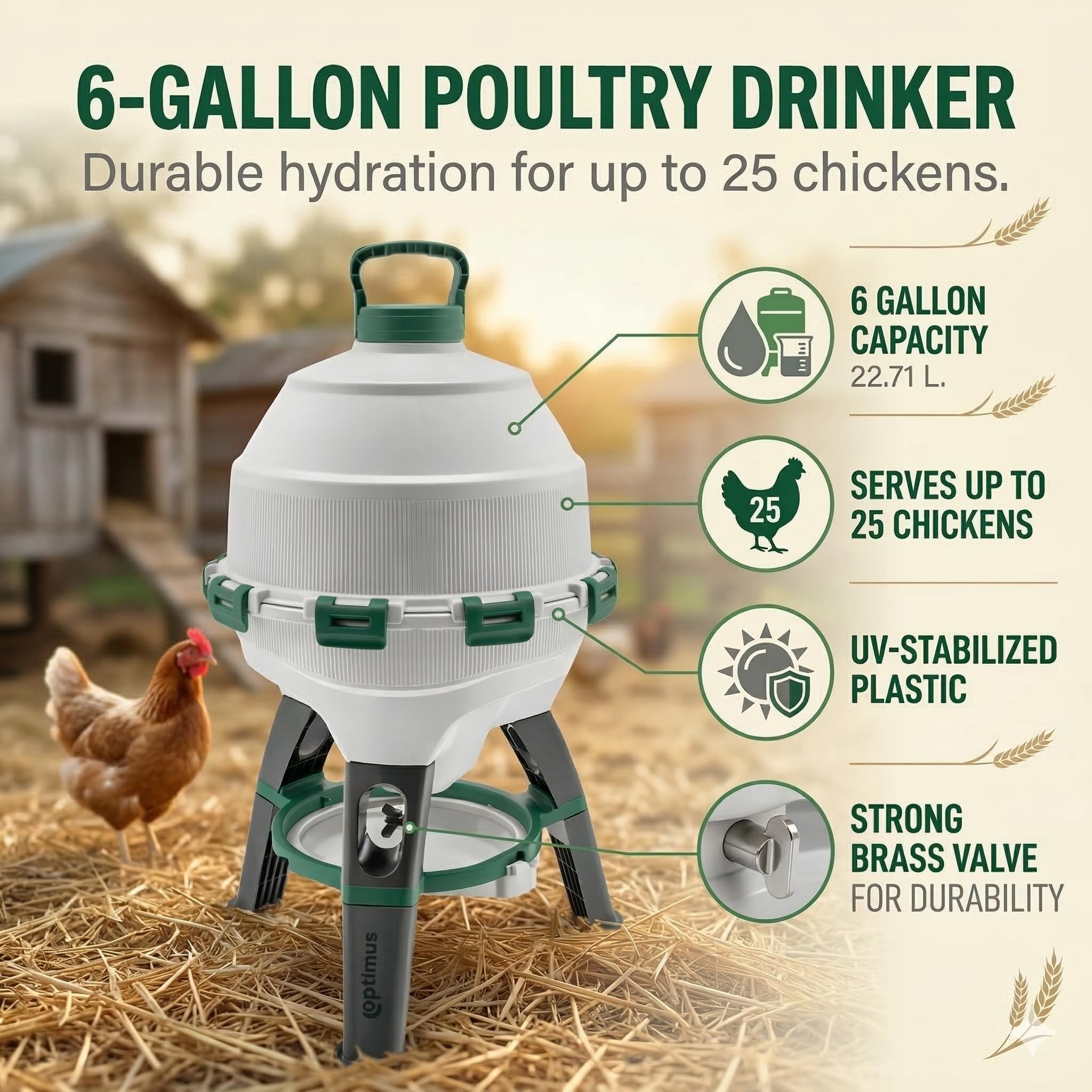 Hatching Time gravity-fed waterer shown in coop setting for consistent hydration