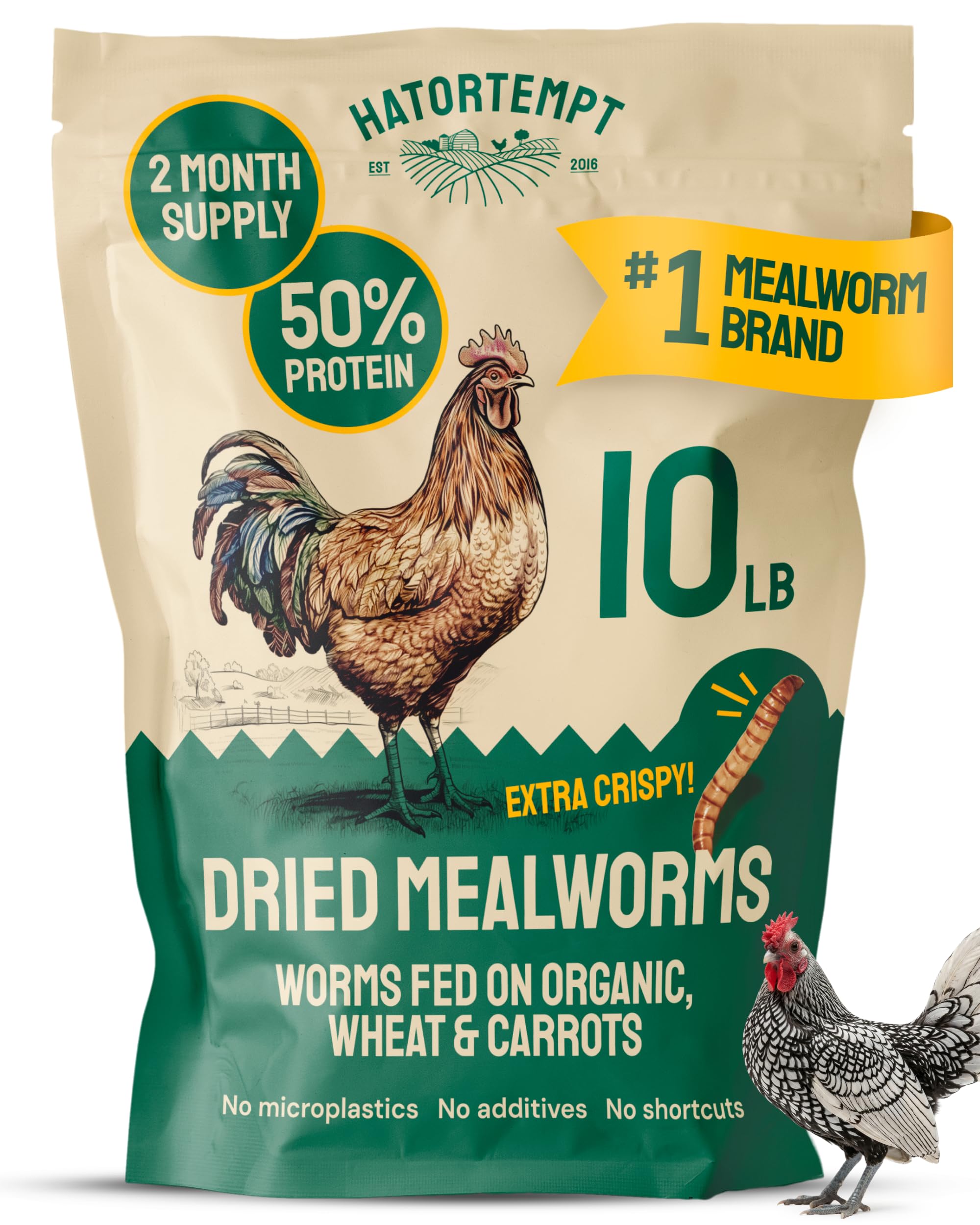 Hatortempt bulk dried mealworms bag front showing high-protein poultry feed.