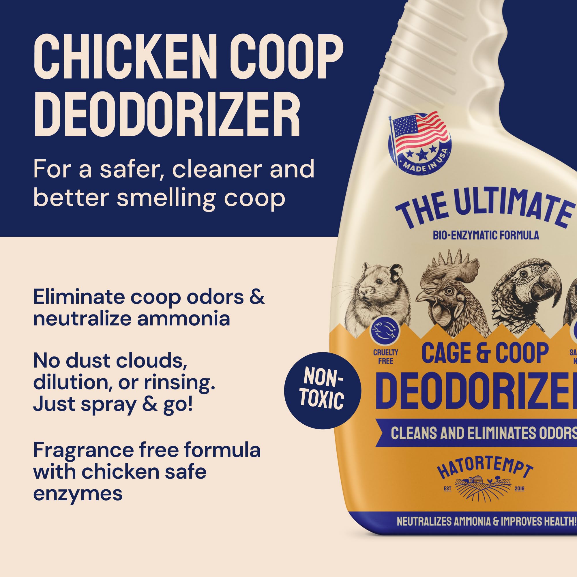 Hatortempt chicken coop deodorizer spray action shows quick mist for freshness.