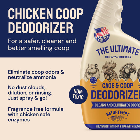 Hatortempt chicken coop deodorizer spray action shows quick mist for freshness.