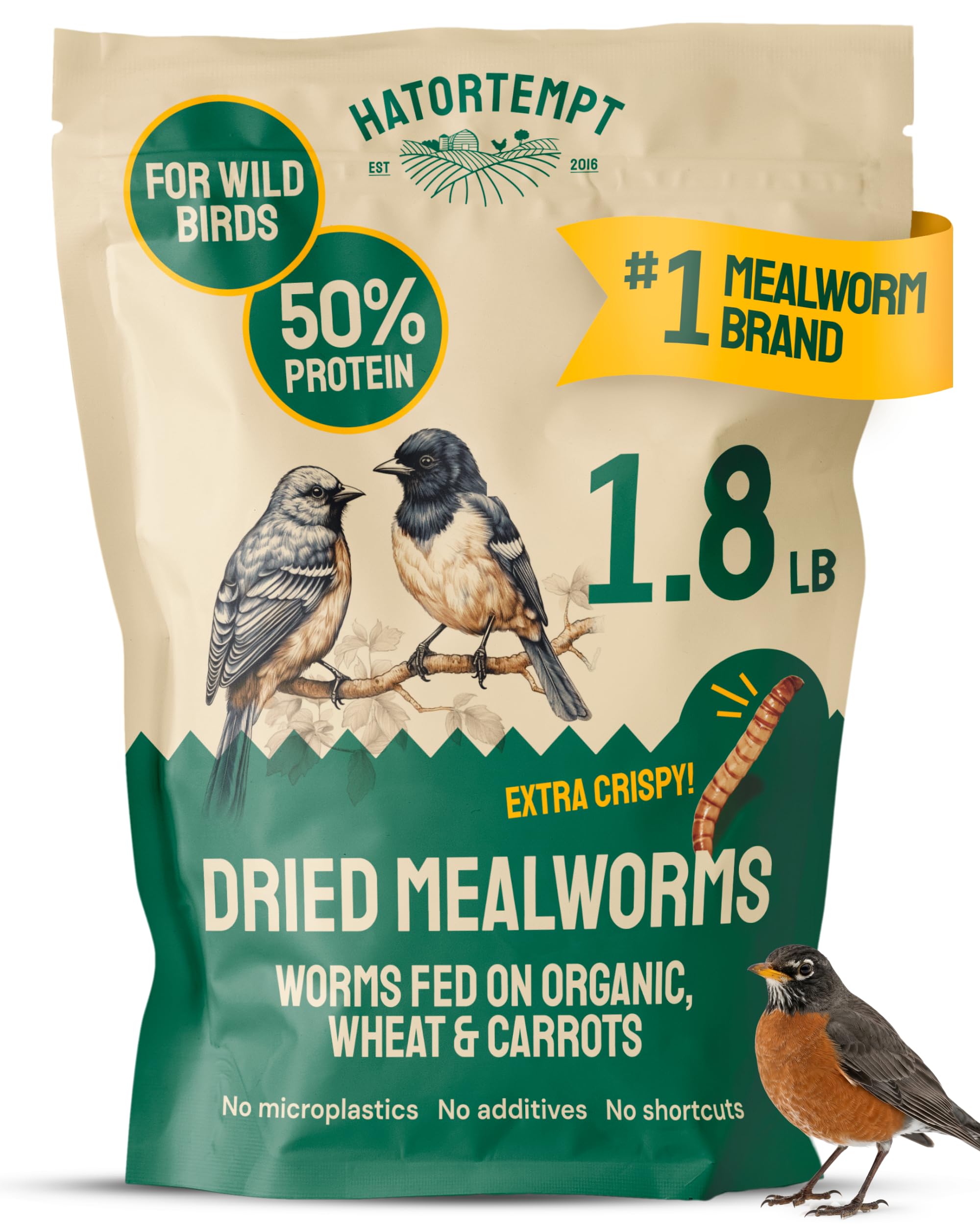 Hatortempt dried mealworms bag with resealable closure for long-lasting freshness.