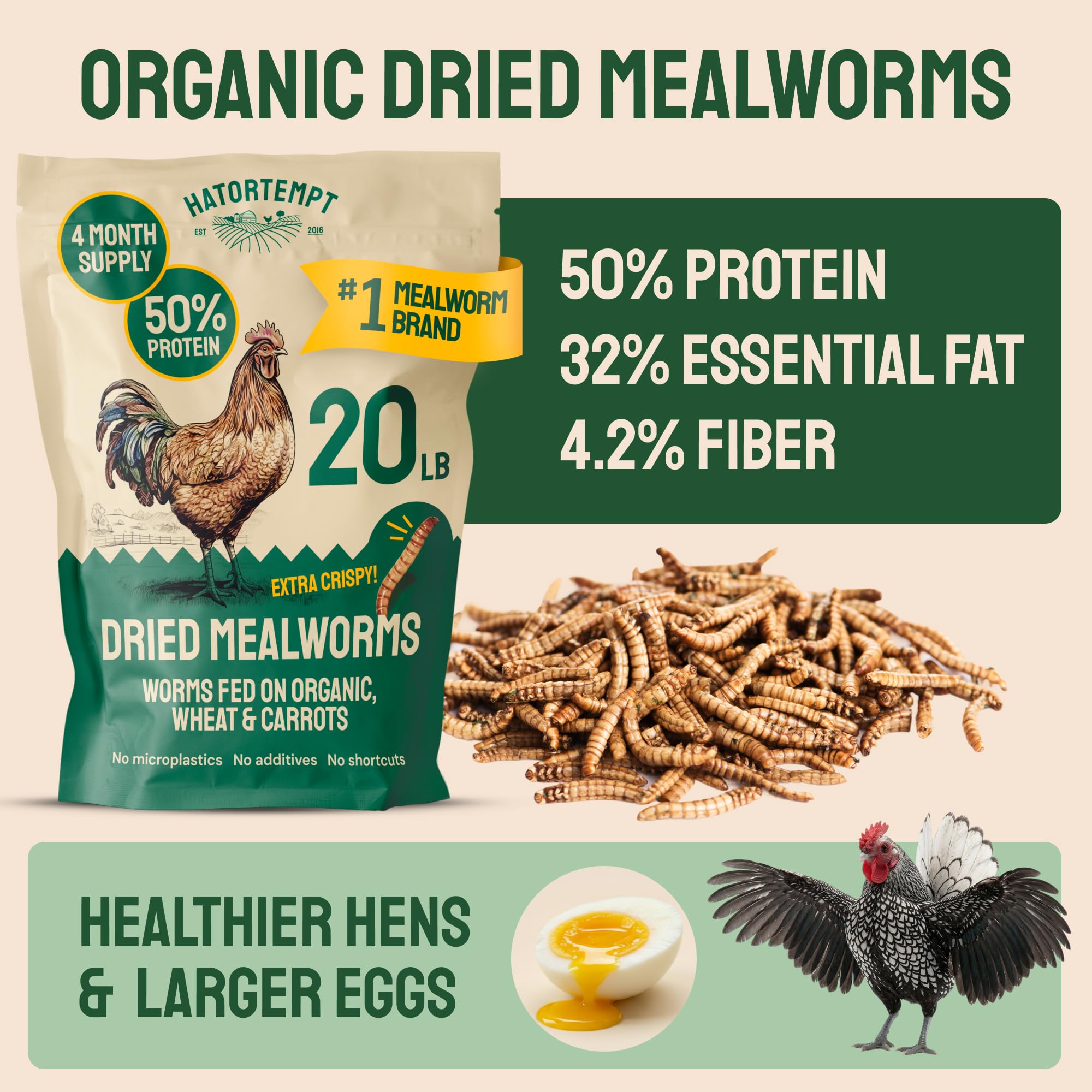 Hatortempt dried mealworms for chickens, crispy whole worms entice picky eaters.