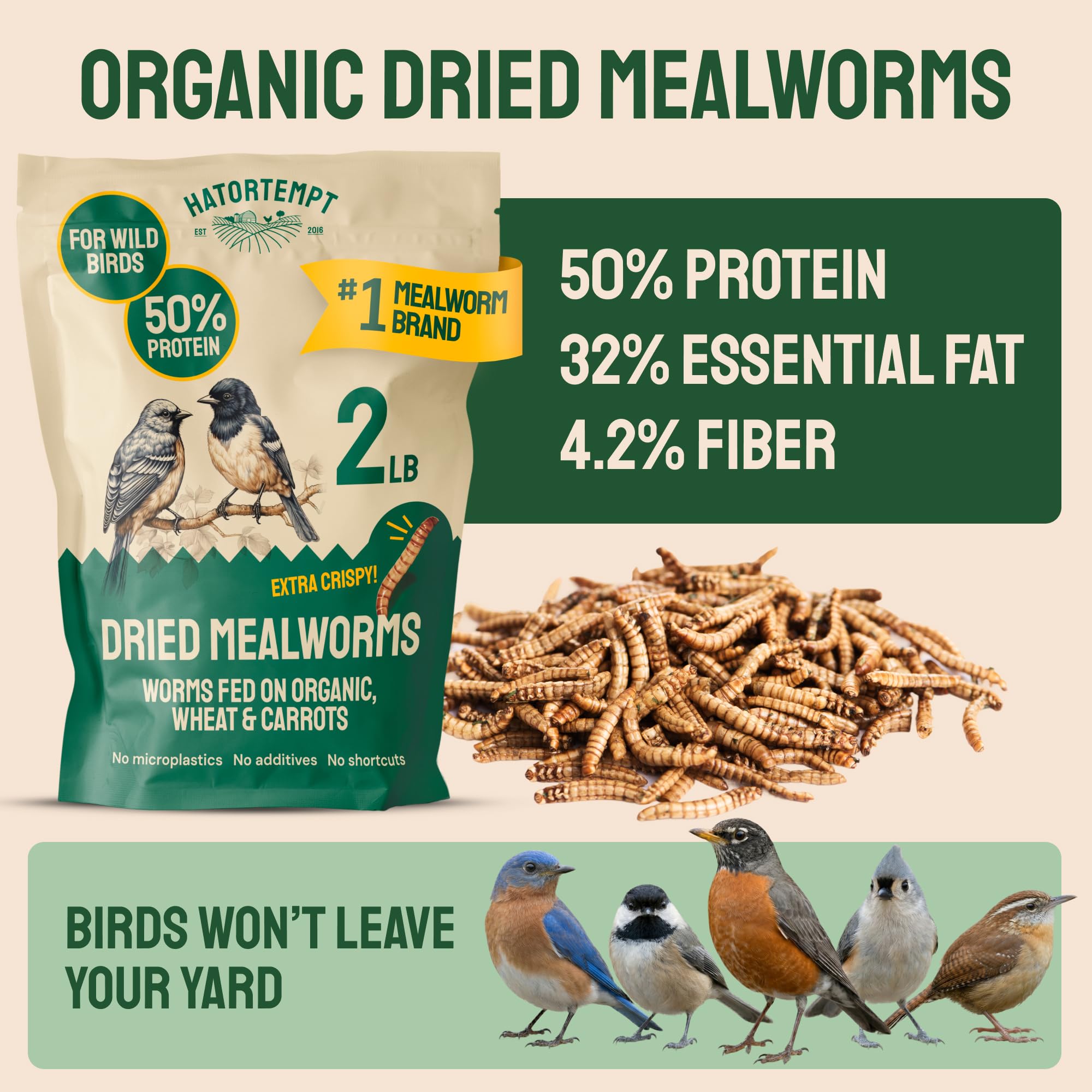 Hatortempt dried mealworms for chickens, feed supplement with crisp texture.