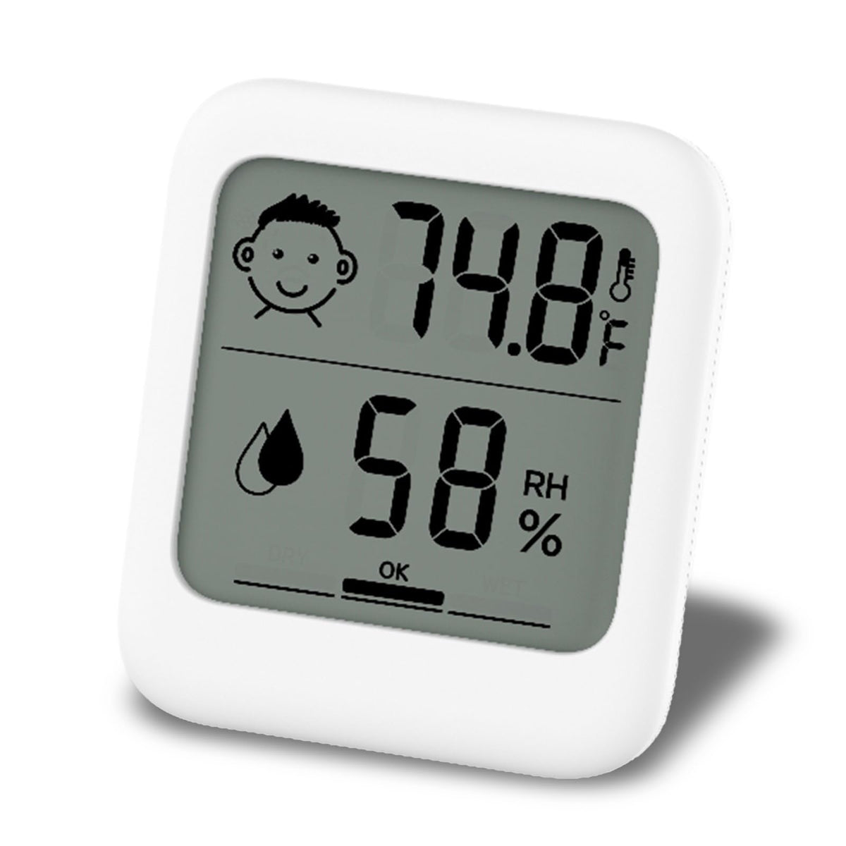 HATUSOKU digital thermometer and hygrometer with comfort face display shows clear readings.