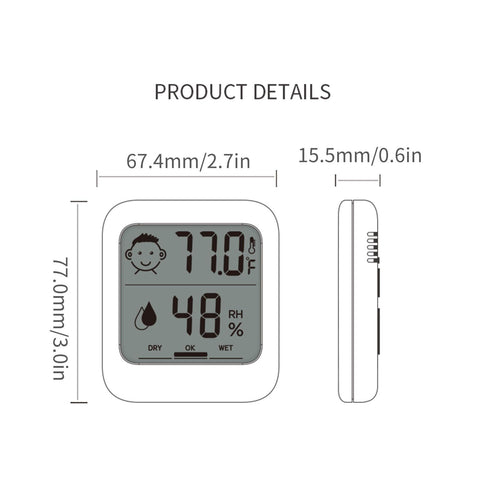 Compact device showing temperature range and humidity accuracy for home use
