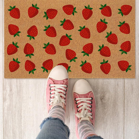 Haukea strawberry door mat outdoor entryway showing non-slip backing for stability