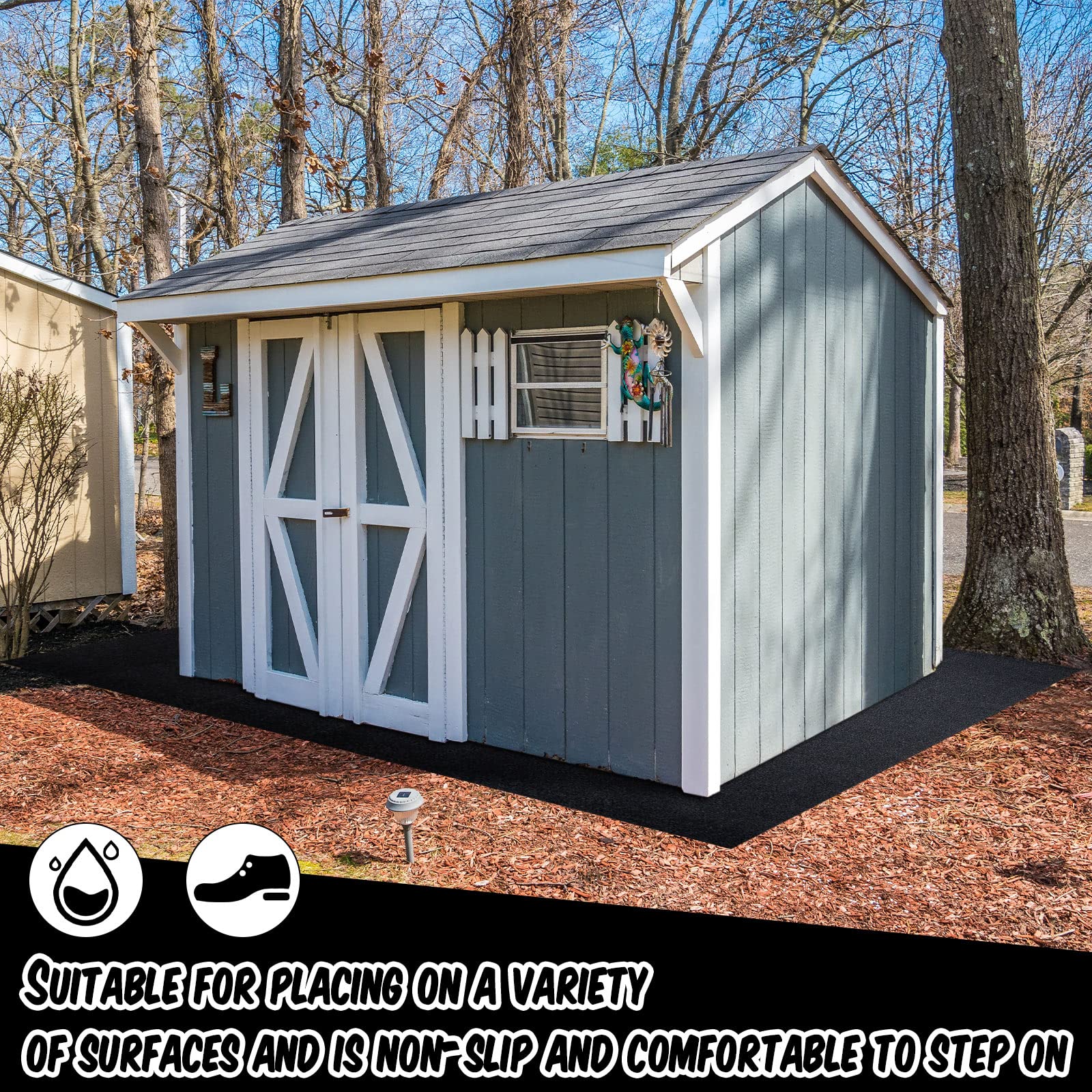Haull shed floor mat water and dust barrier keeps shed interior cleaner.