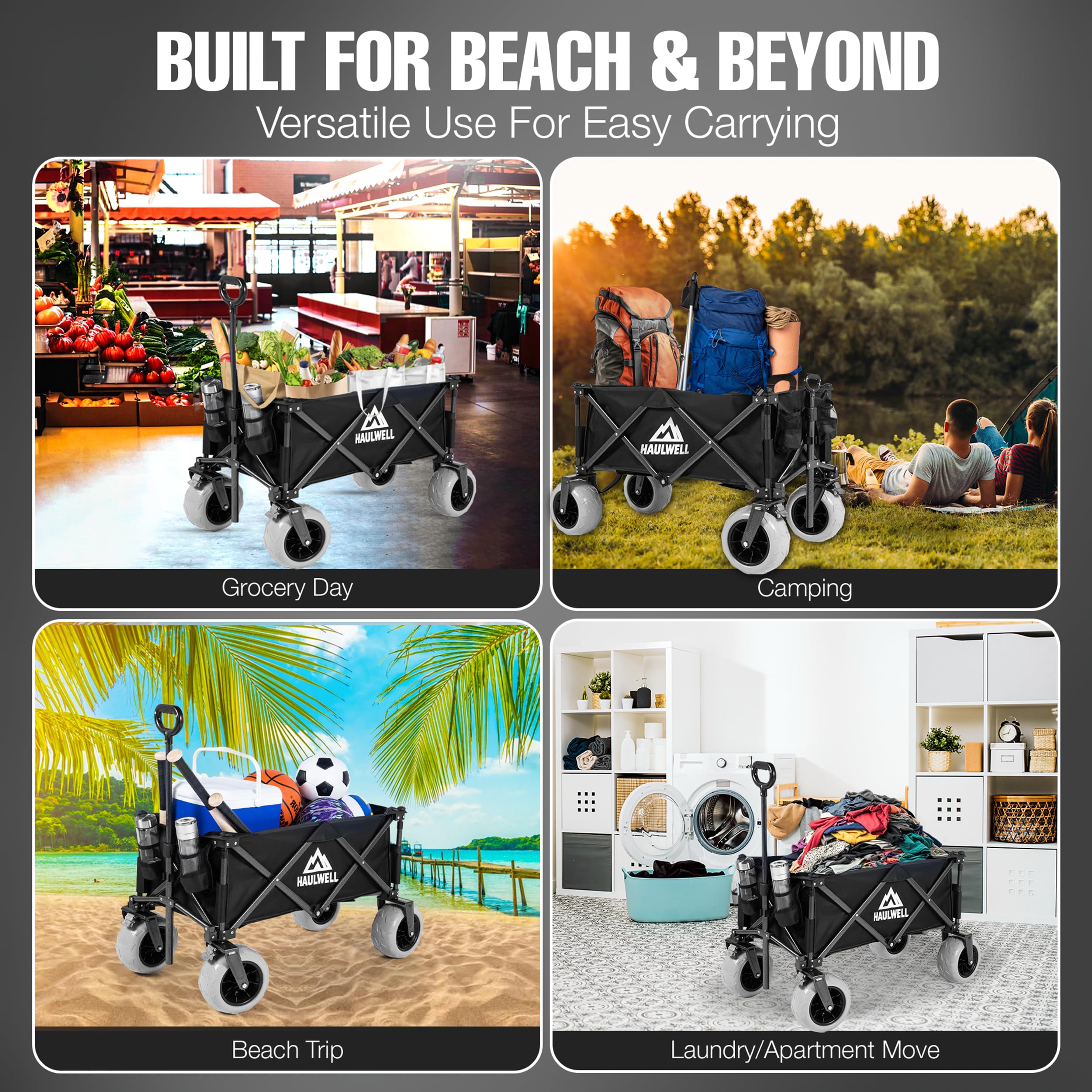 Haulwell adjustable handle extends 26 to 38 inches for easy towing.