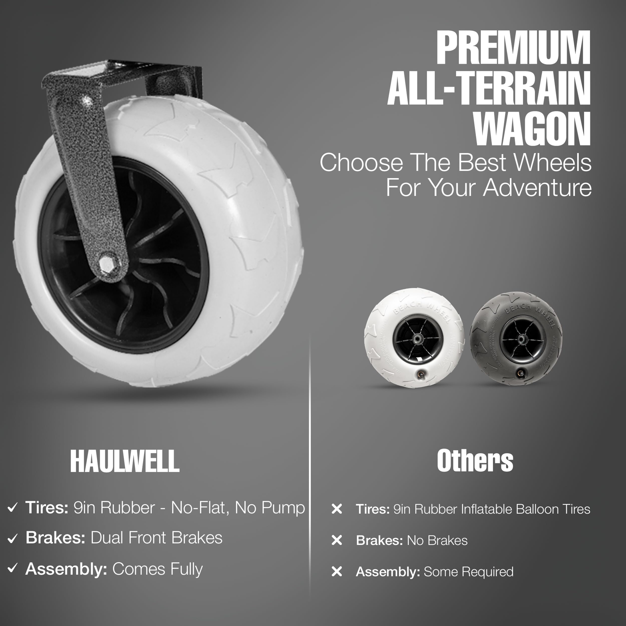 Haulwell all-terrain folding cart with brakes for stable loading on slopes.
