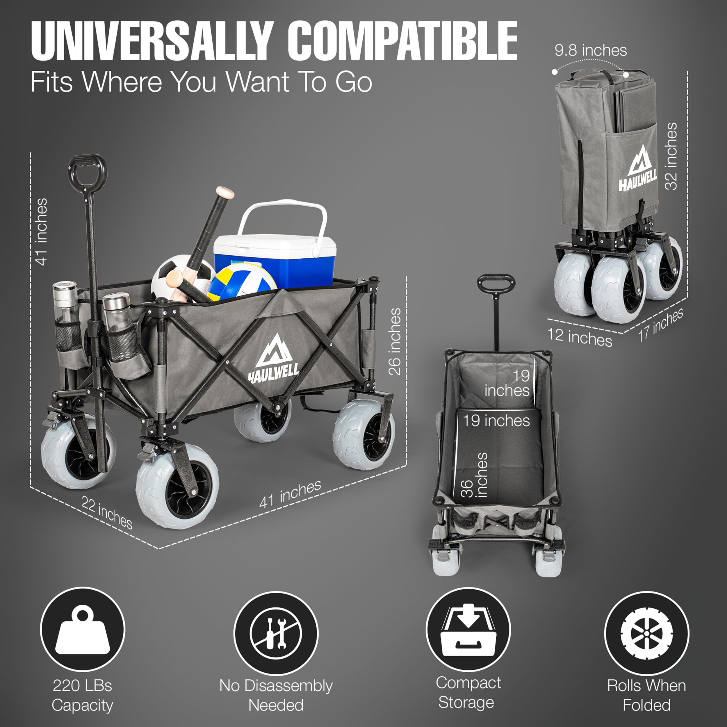 HAULWELL collapsible wagon folds compactly and still rolls.