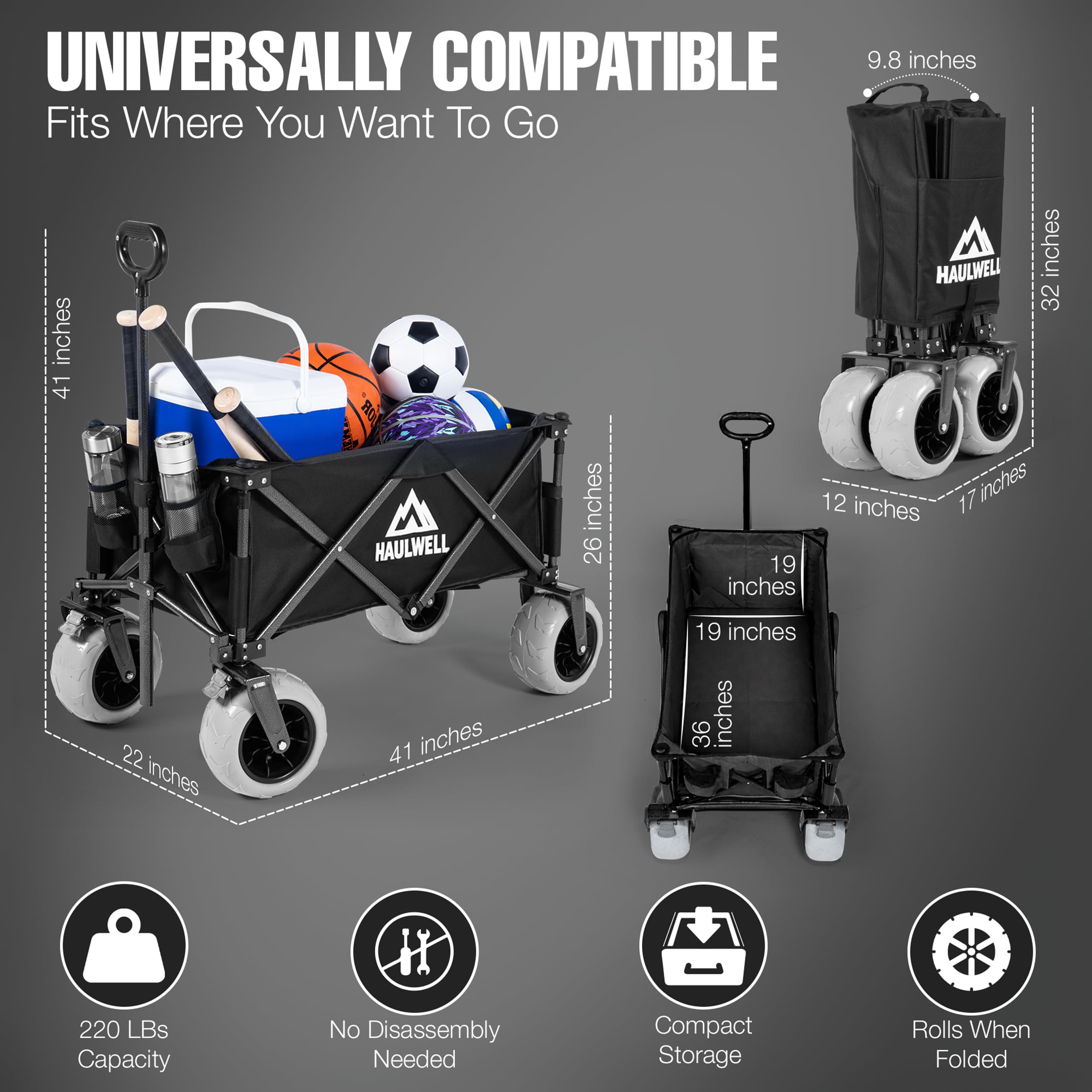 Haulwell collapsible wagon opens and folds for compact storage.