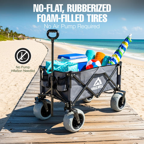 HAULWELL folding wagon features a steel frame for durable outdoor use.