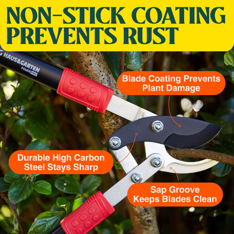 Haus & Garten PowerPRO loppers pivot system boosts leverage with less effort.