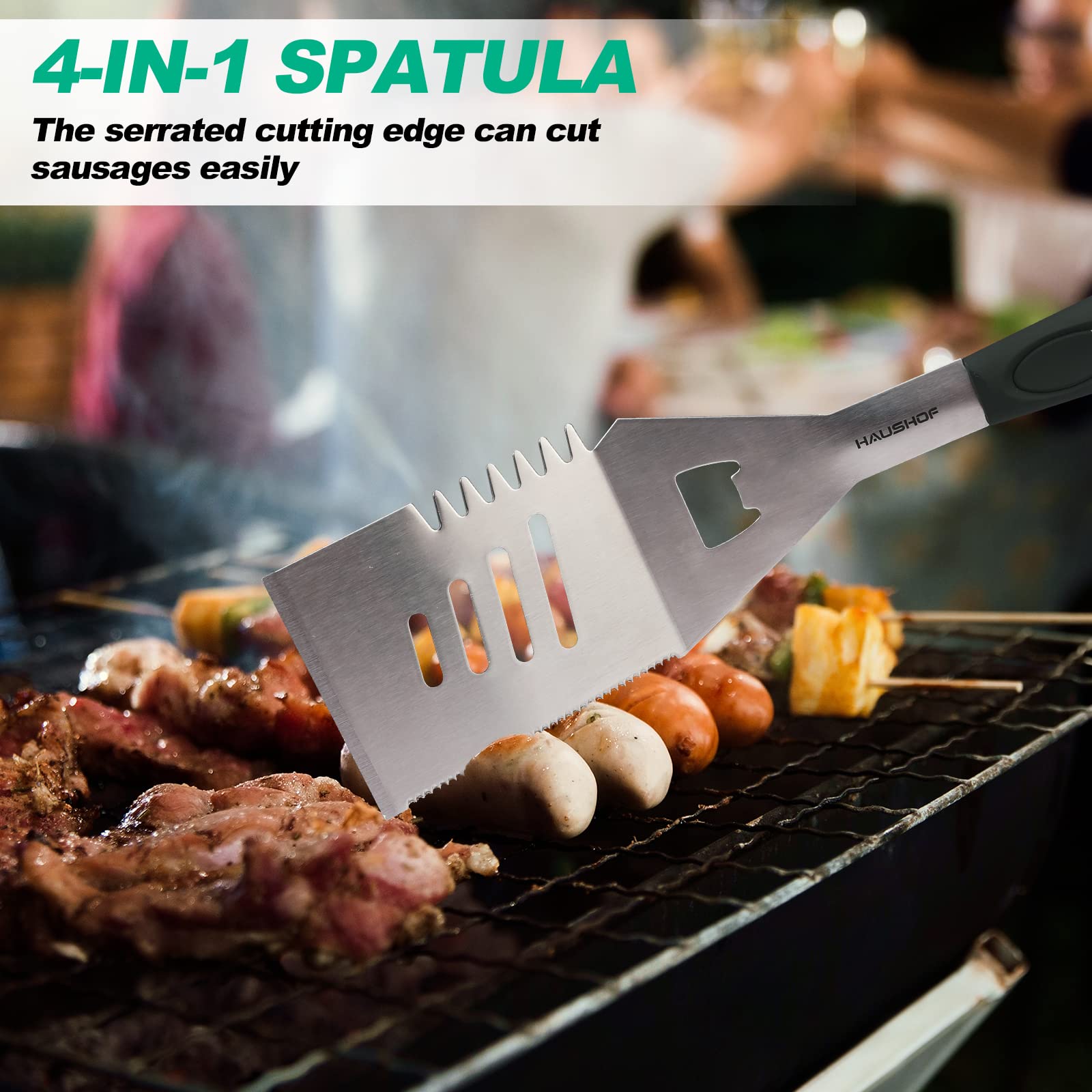 HAUSHOF 4in1 spatula features grease drain and bottle opener for quick prep.