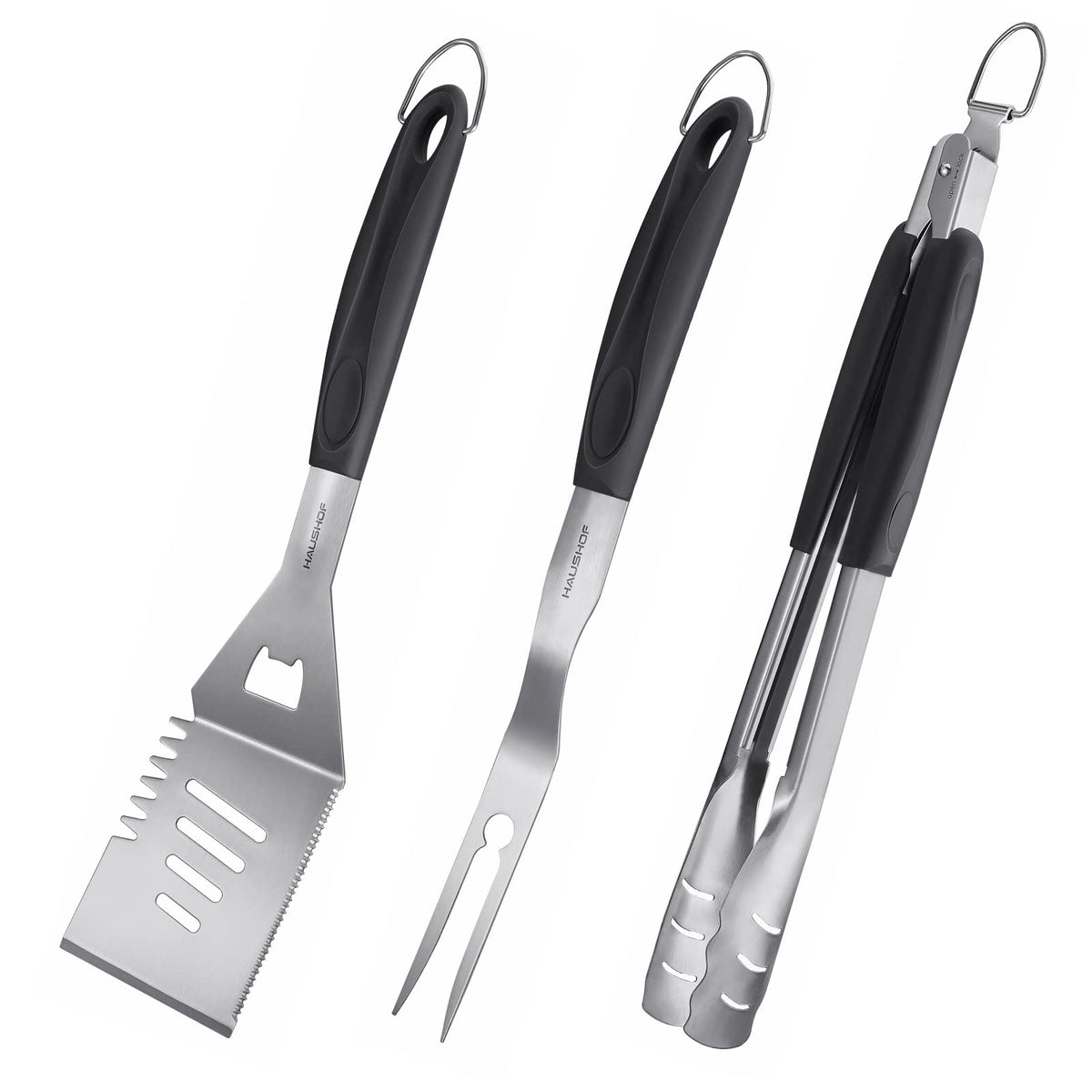 HAUSHOF spatula on grill showing 4-in-1 versatility for grilling tasks.