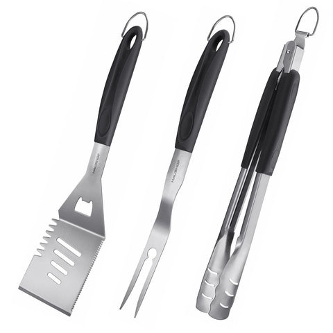 HAUSHOF spatula on grill showing 4-in-1 versatility for grilling tasks.