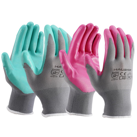 HAUSHOF women's garden gloves with nitrile palm for durable grip during pruning.
