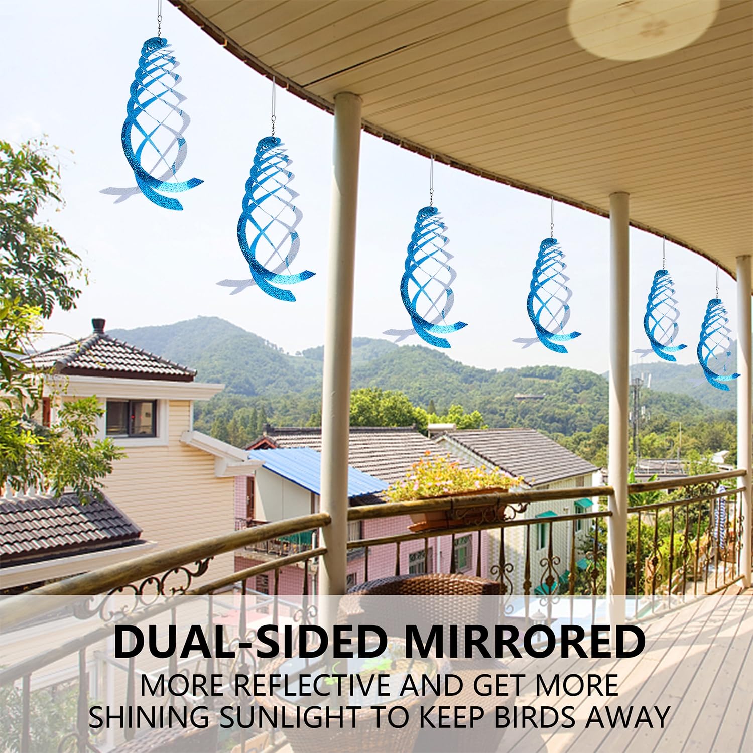 Hausse spiral garden spinner blue-silver shines to deter birds.