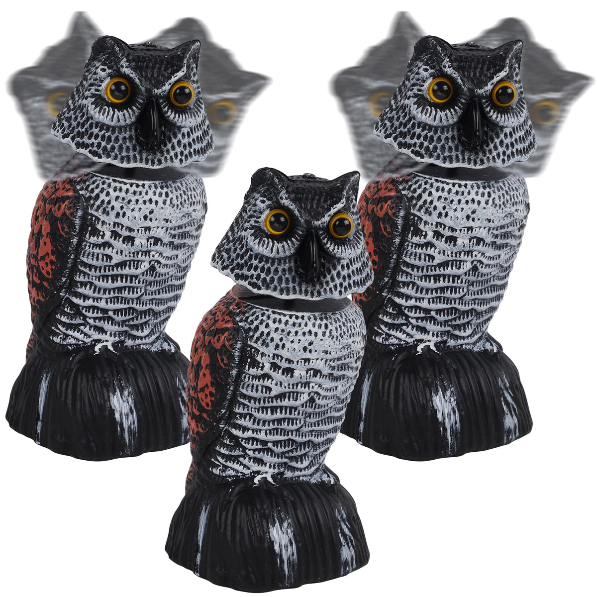 Hausse mini owl decoy with wagging head deters garden birds.