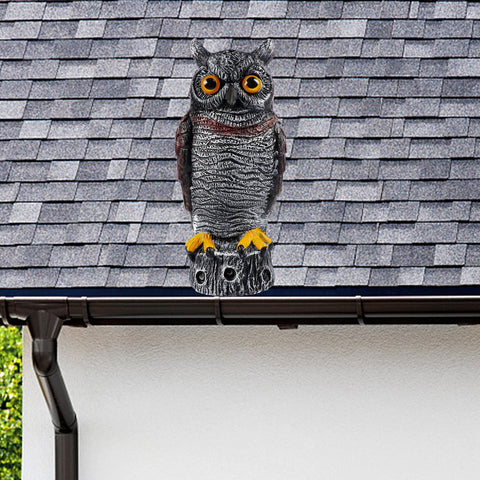 Hausse horned owl decoy protecting orchard crops with lifelike presence.