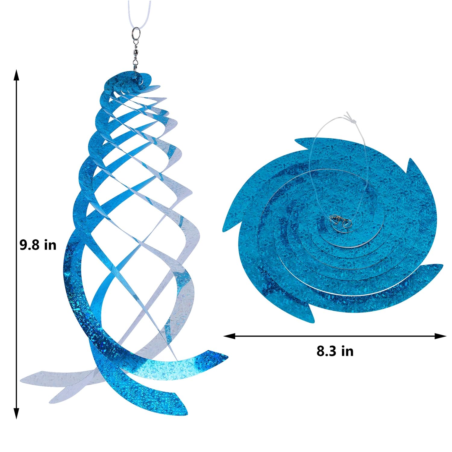 Hausse Mylar outdoor spinner with blue-silver sides promotes deterrence.