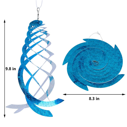 Hausse Mylar outdoor spinner with blue-silver sides promotes deterrence.