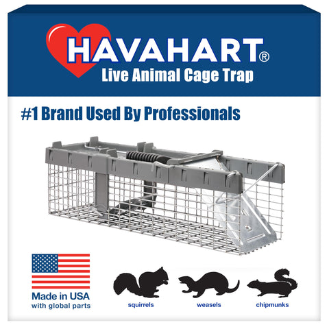 HAVAHART small 1-door live trap catching a squirrel for humane release.