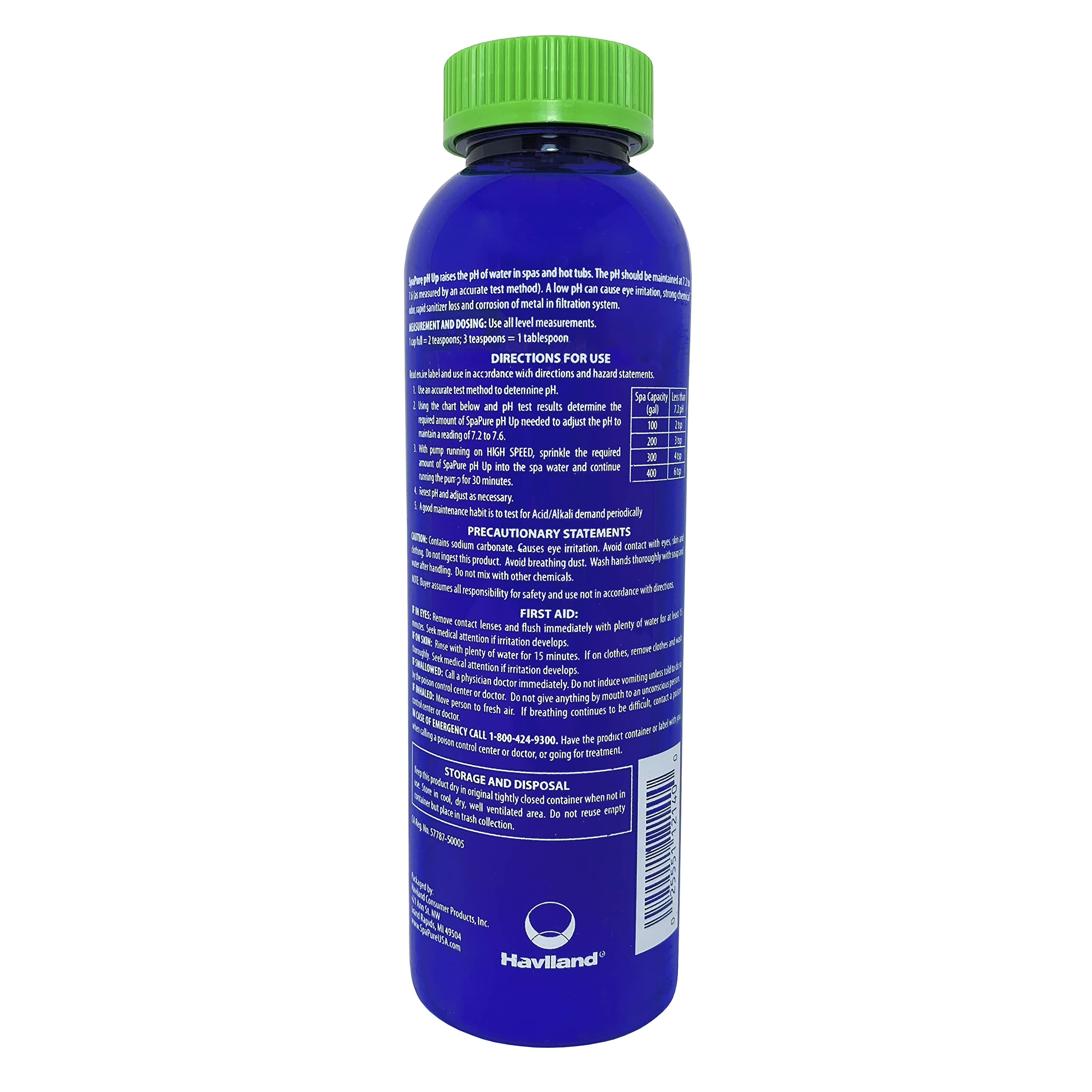 Haviland SpaPure pH Up dosing guide demonstrates simple 1 oz per 500 gallons instructions