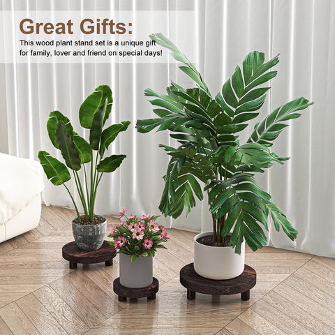 HAWHUV round wood plant stand, 10in diameter, 1.38in height supports medium planters.