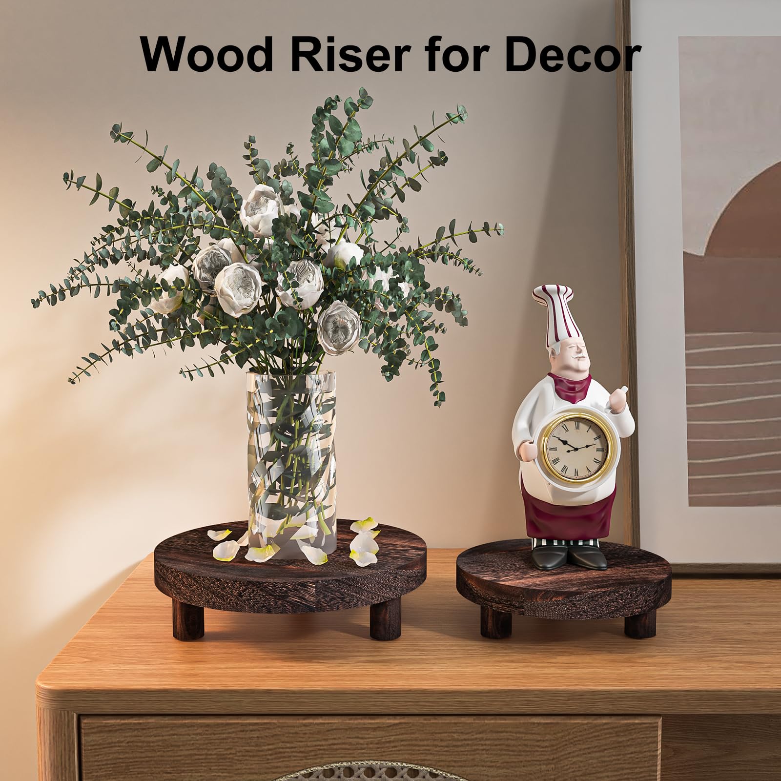 HAWHUV round wood plant stand, 10in diameter, 1.77in height creates multi-tiered focal points.