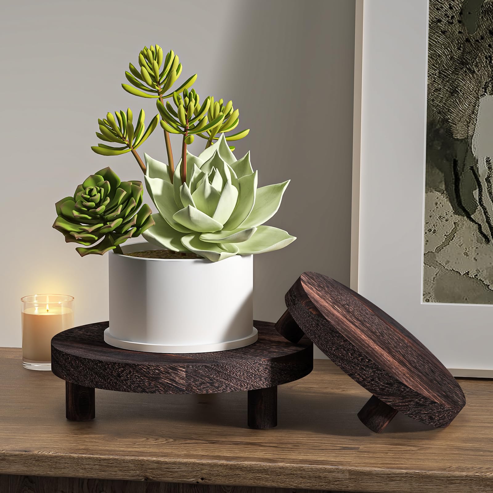 HAWHUV round wood plant stand, 6in diameter, 1.38in height elevates decor.