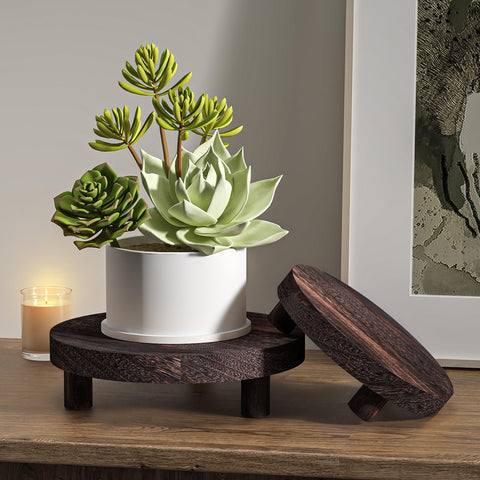 HAWHUV round wood plant stand, 6in diameter, 1.38in height elevates decor.