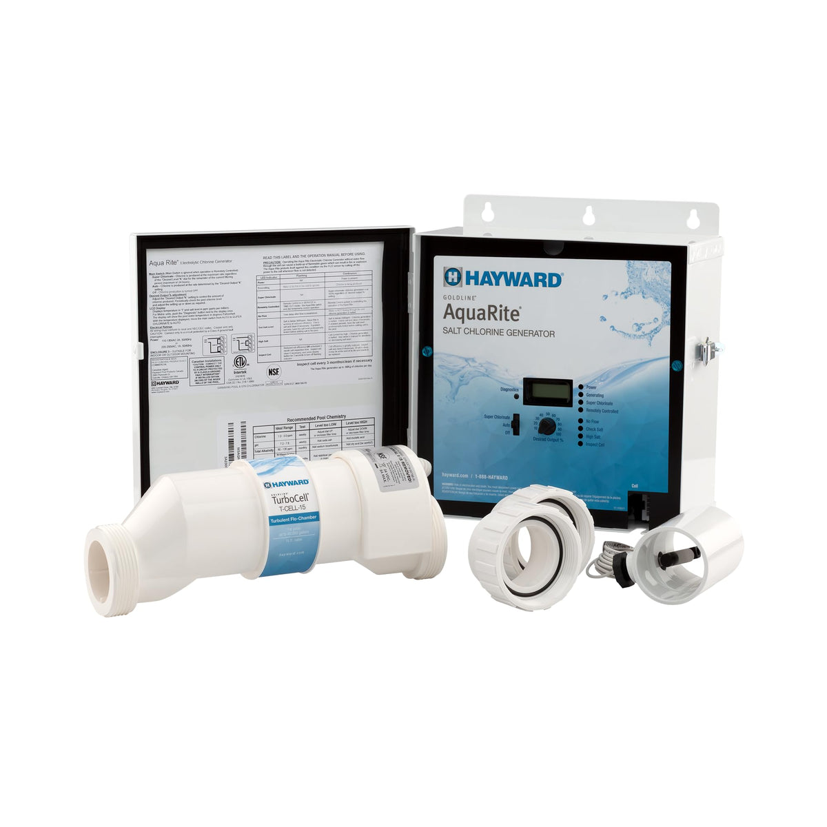 Hayward AquaRite digital display shows adjustable chlorine output for easy control.
