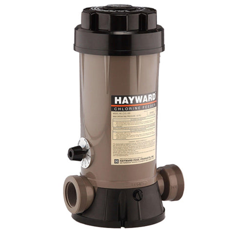 Hayward CL200EF in-line chlorine feeder with mounting base for easy pool sanitation.
