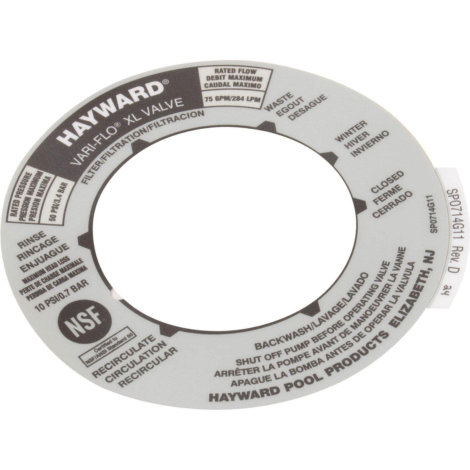 Hayward multiport valve position label showing SP0714T settings for easy pool filter operation