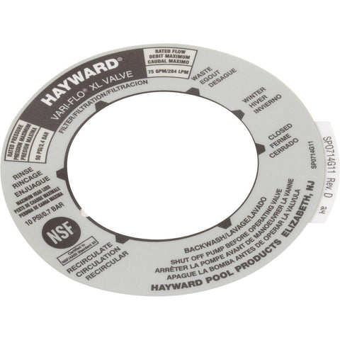 Hayward multiport valve position label showing SP0714T settings for easy pool filter operation