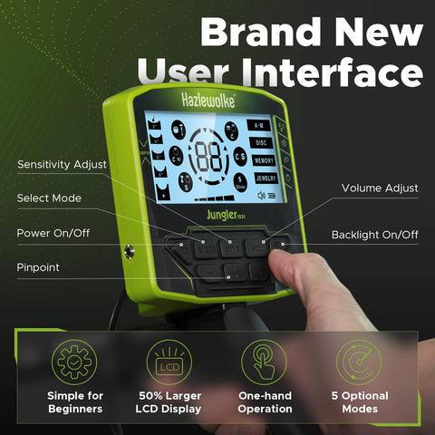 Hazlewolke detector with 10-inch IP68 coil for versatile, water-friendly searches.