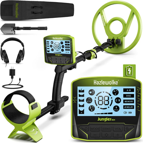 Hazlewolke metal detector with large backlit display for easy reading during treasure hunts.