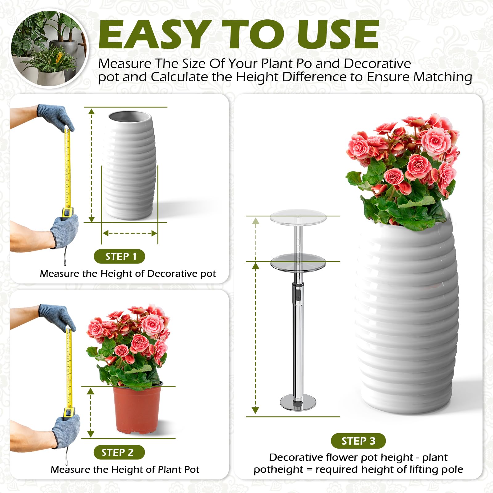 Hazztoll tall taper pot elevating riser setup for easy seasonal rearrangements