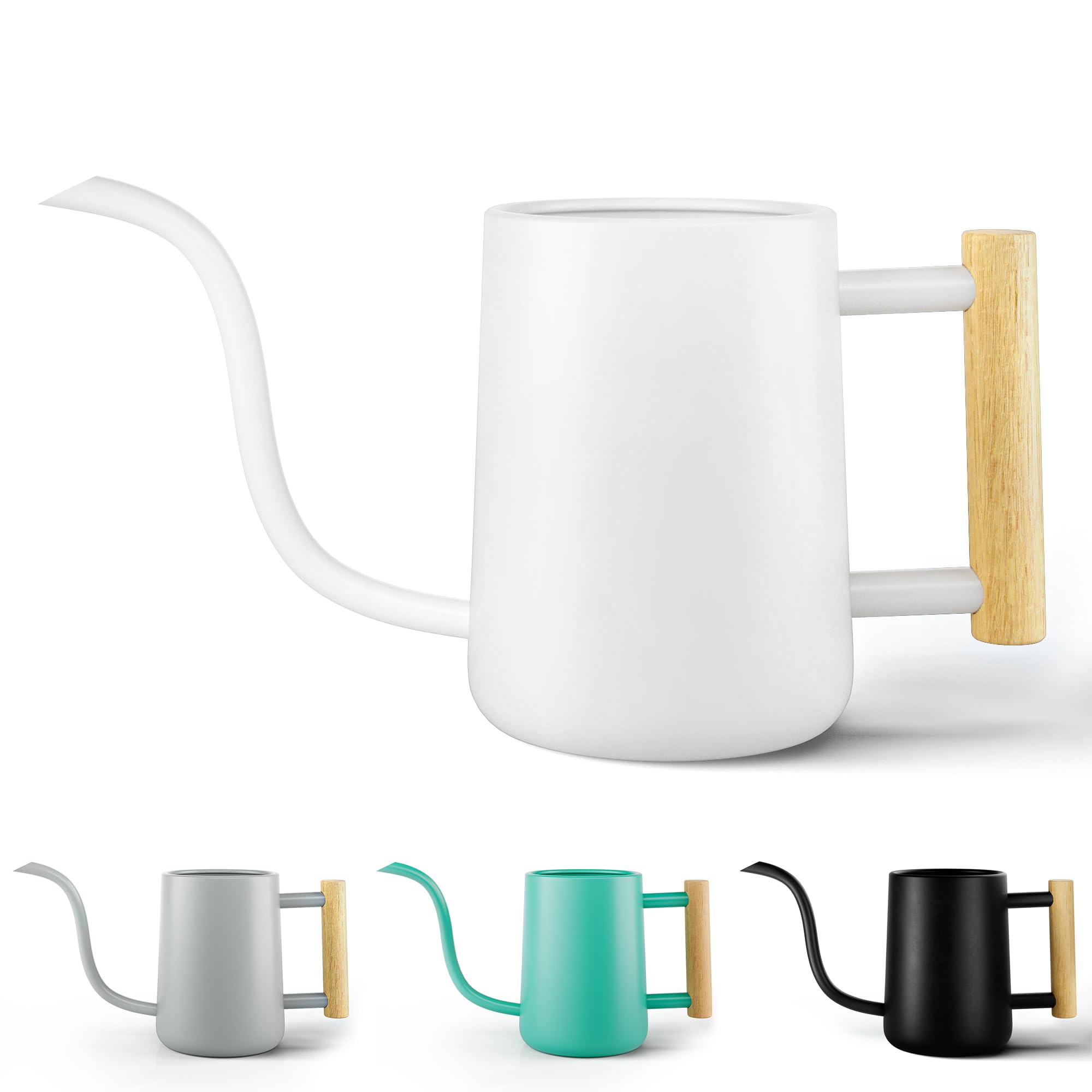 HB Design Co 35oz watering can with long spout and wood handle for precise indoor watering.