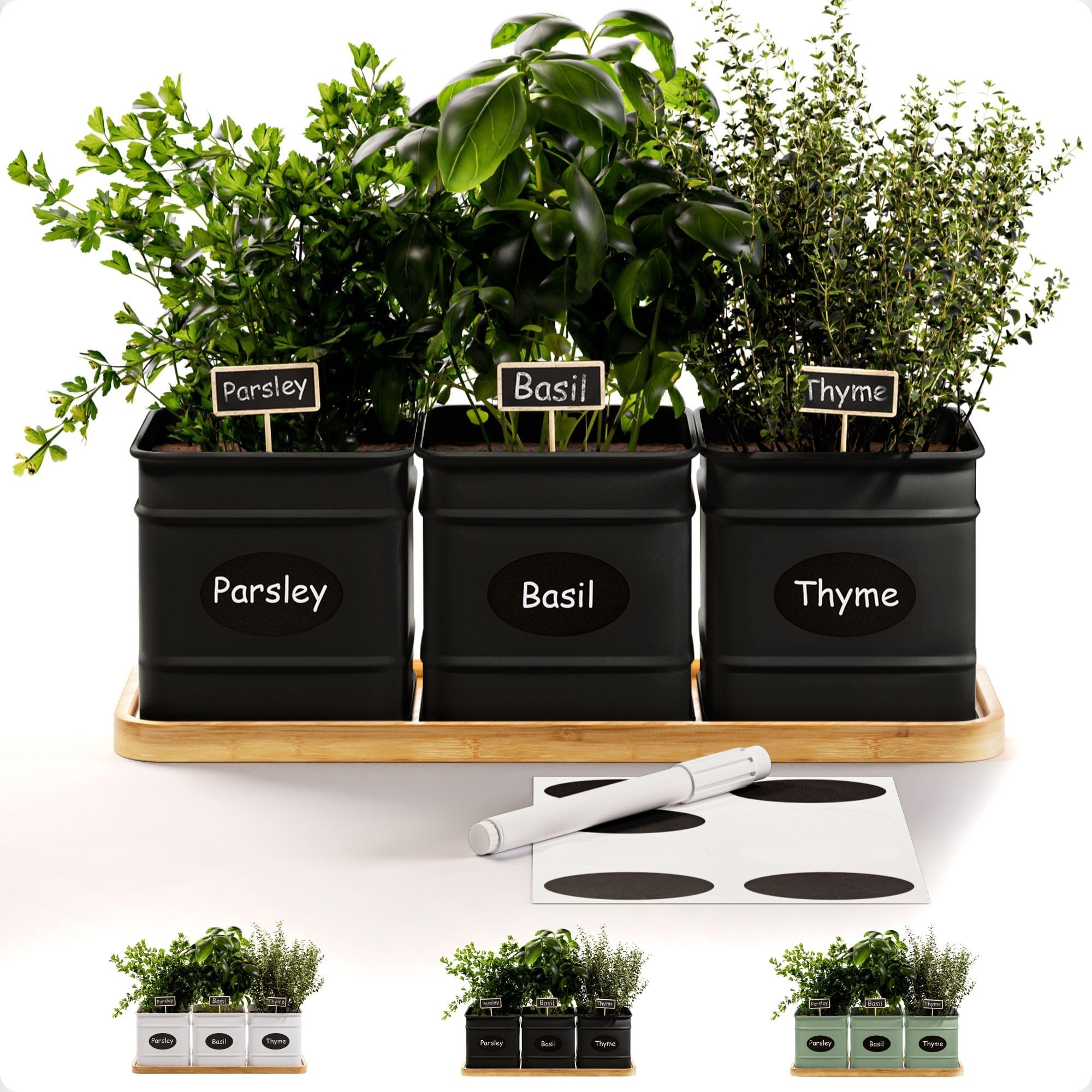 HB Design Co. Herb Planter Indoor with 3 iron pots and drainage holes for fresh herbs