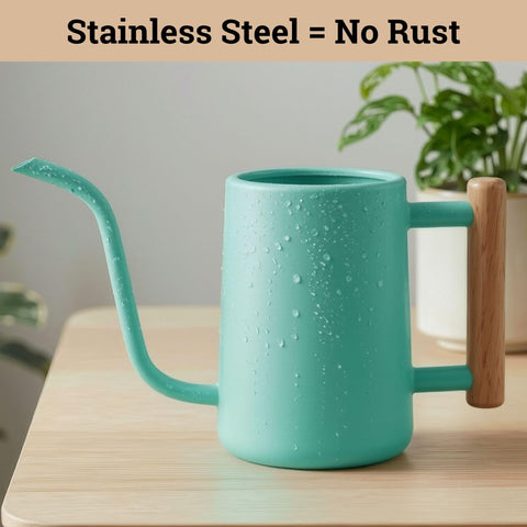 Long spout design highlights reach to all potted plants and soil surface.