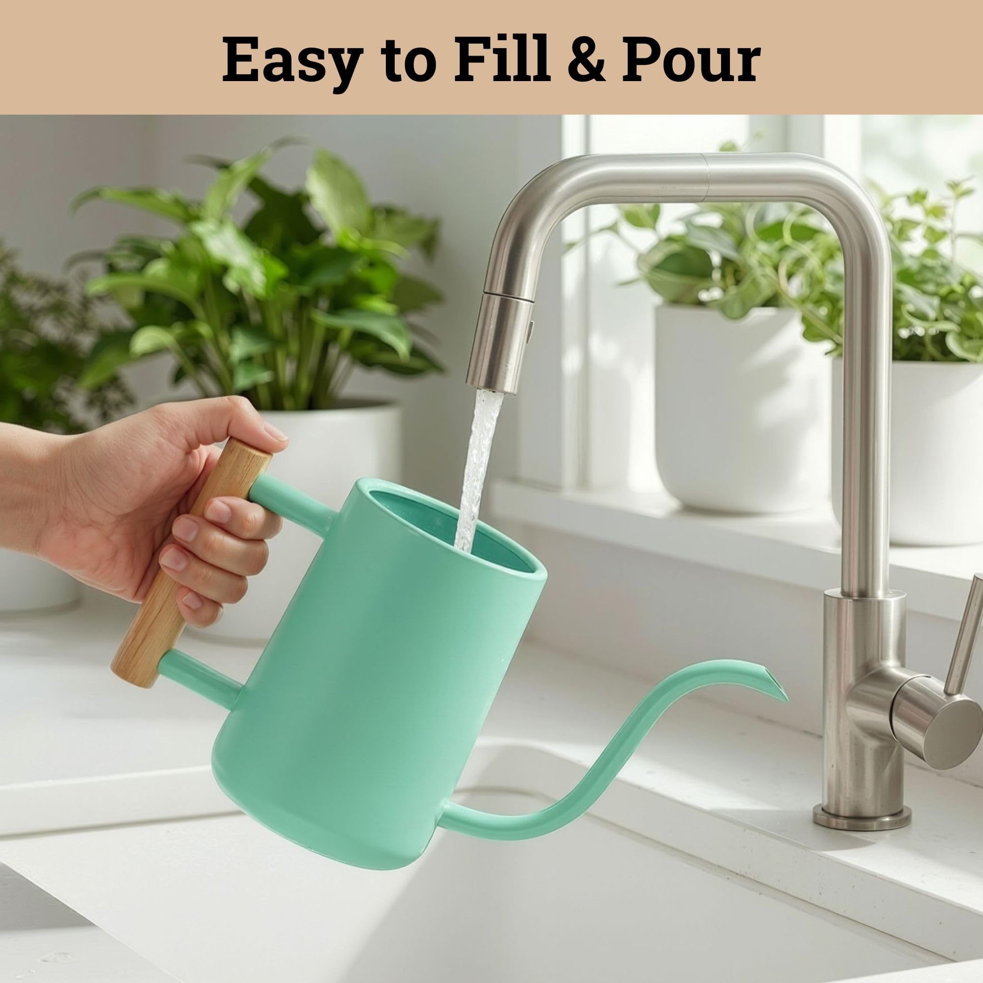 Stainless steel, rust-free construction of HB Design Co watering can.