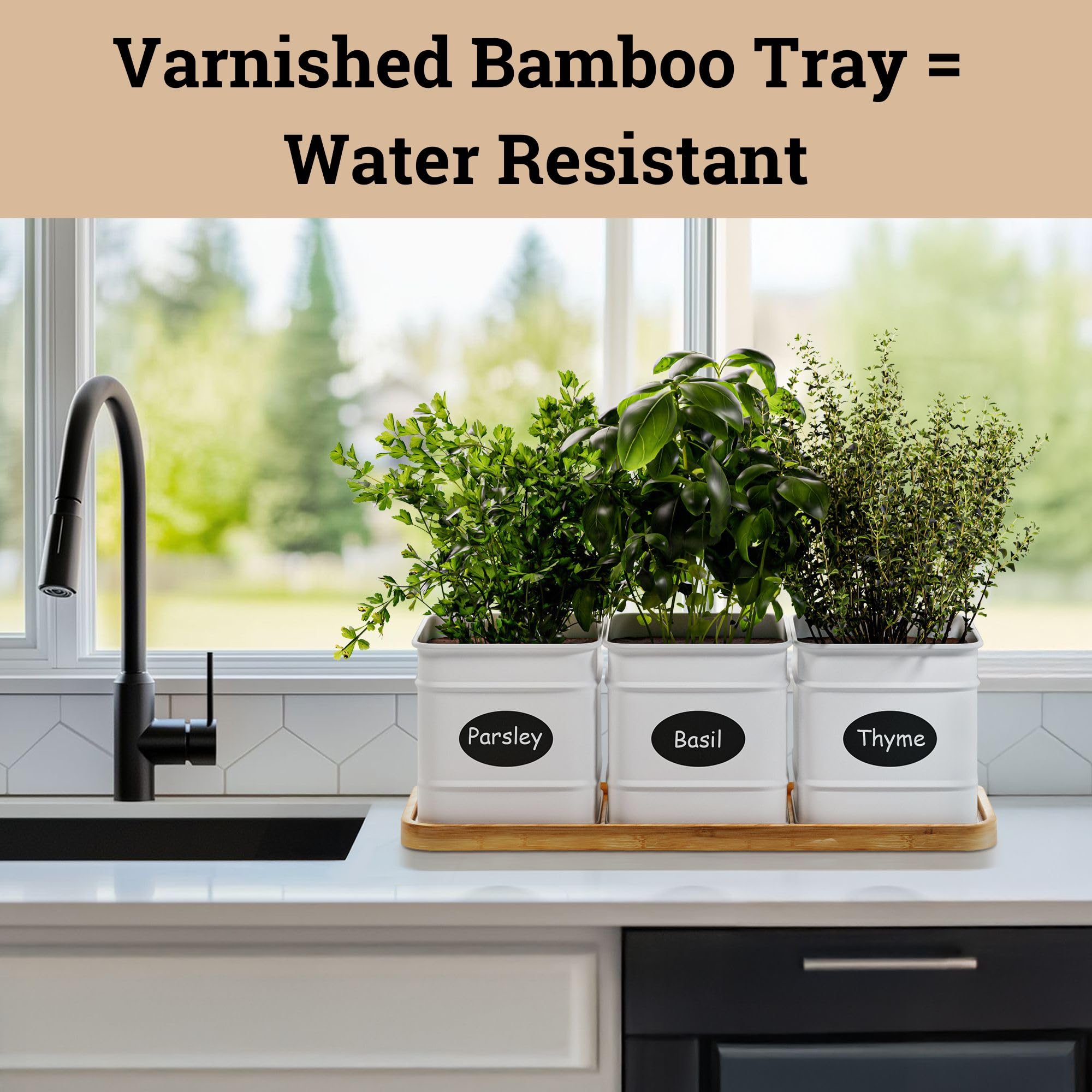 HB Design Co varnished bamboo tray keeps planters organized and protected.