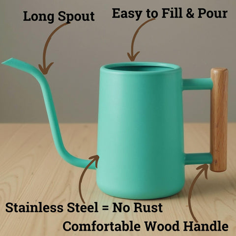 HB Design Co watering can with real wood handle in green for easy grip.