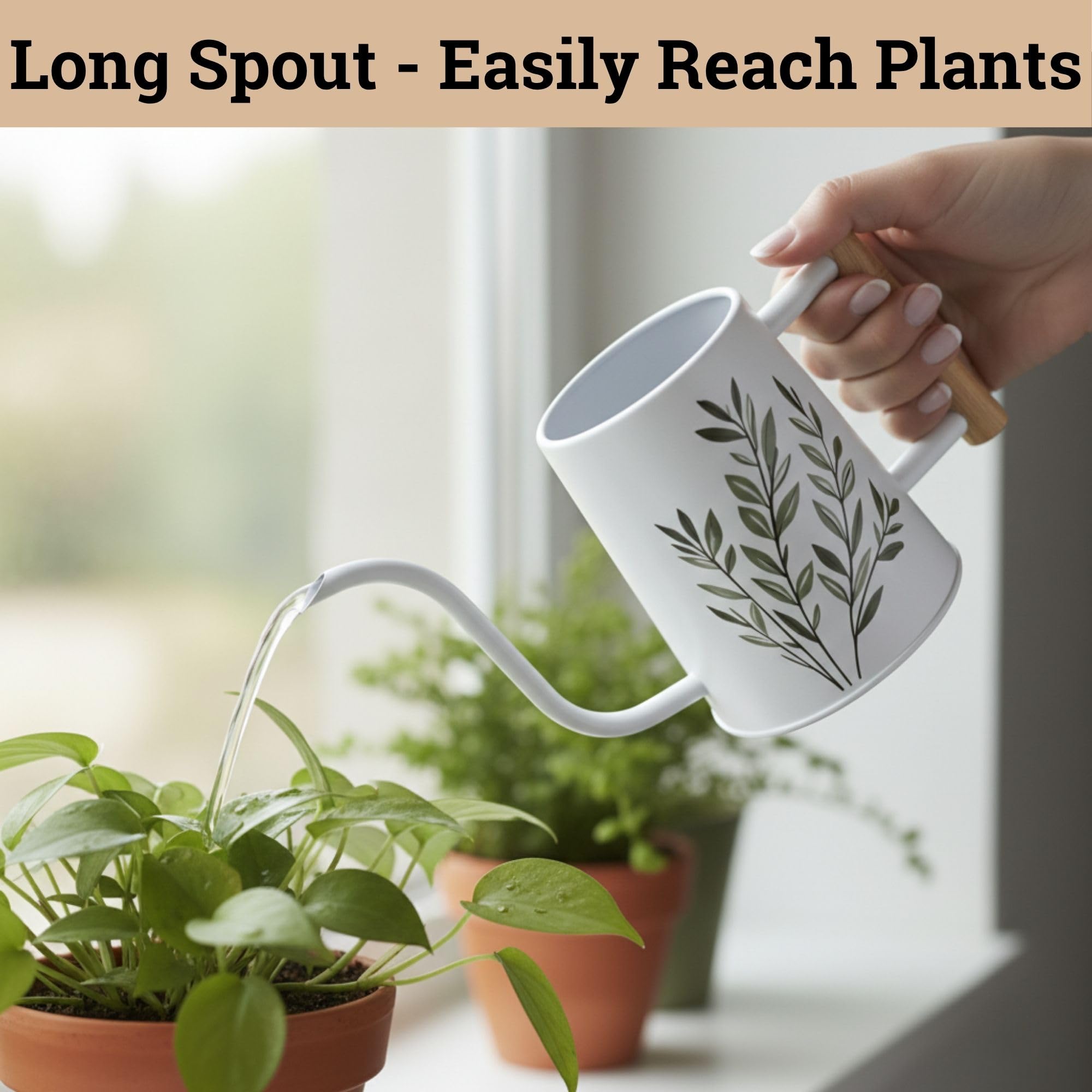 HB Design Co white watering can with decorative leaf pattern enhances room decor.