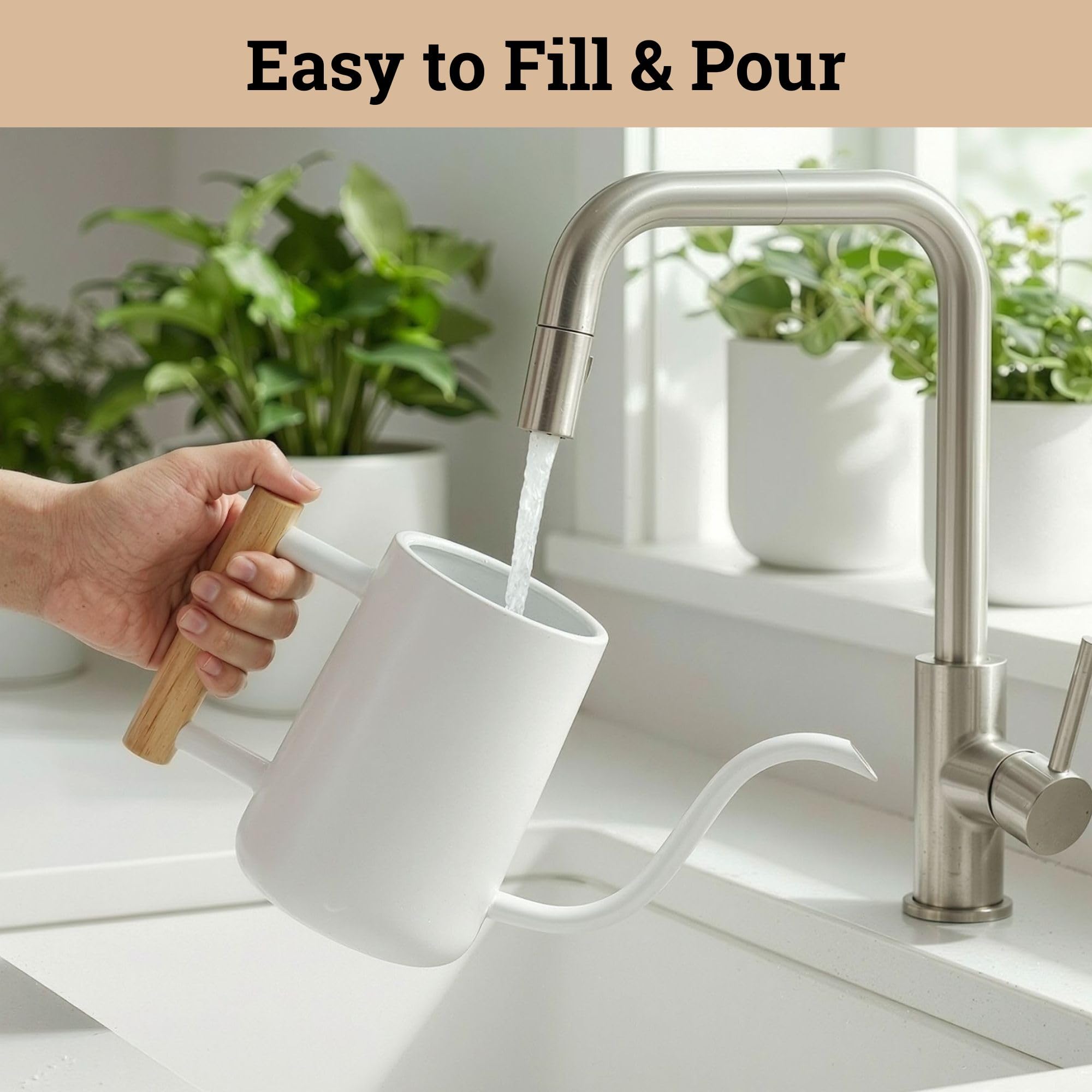 HB Design Co wood-handle watering can offers ergonomic grip during plant care.