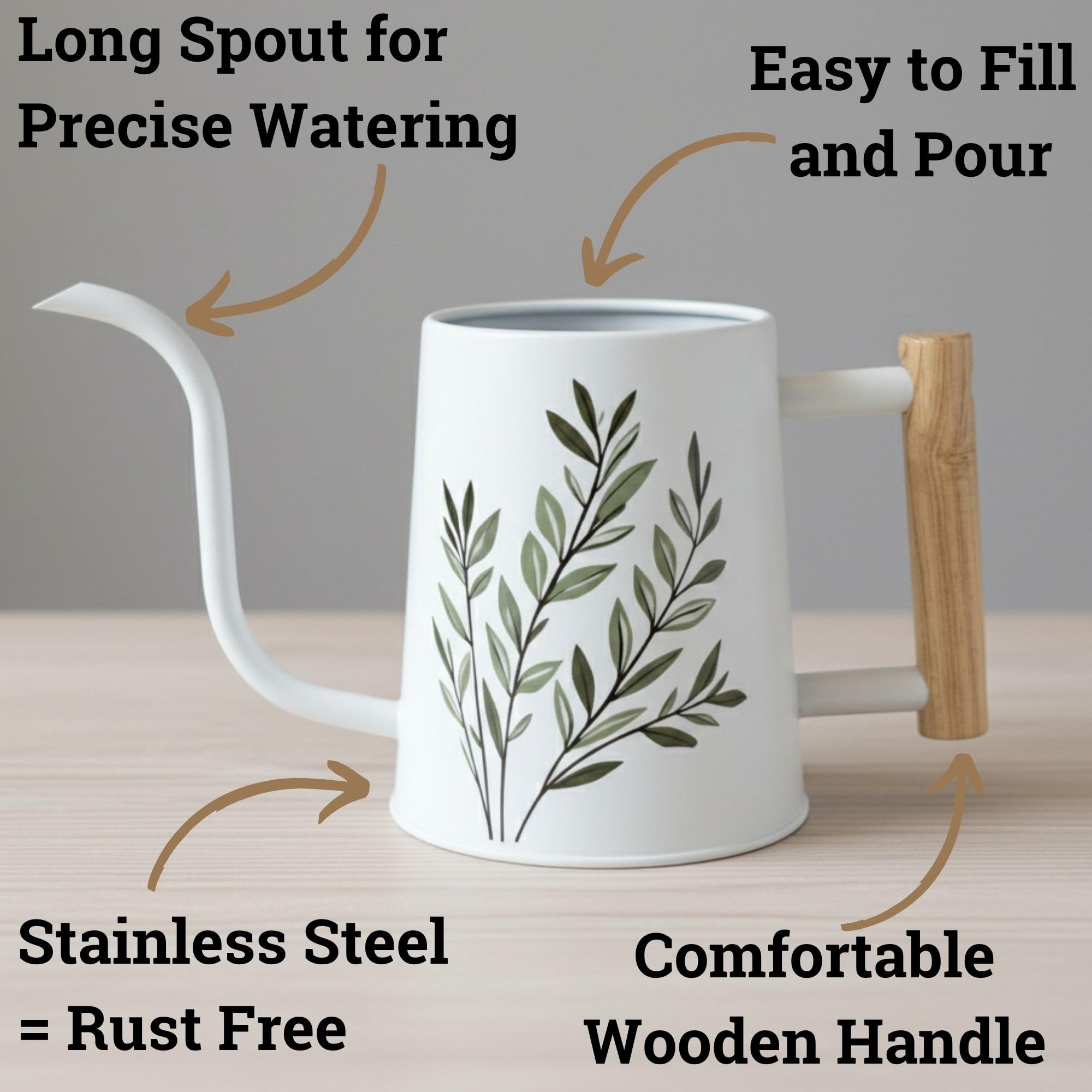 HB Design Co wooden handle watering can ensures comfortable, controlled watering.