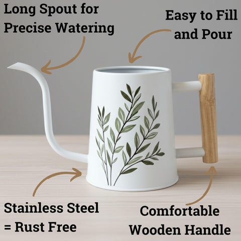 HB Design Co wooden handle watering can ensures comfortable, controlled watering.